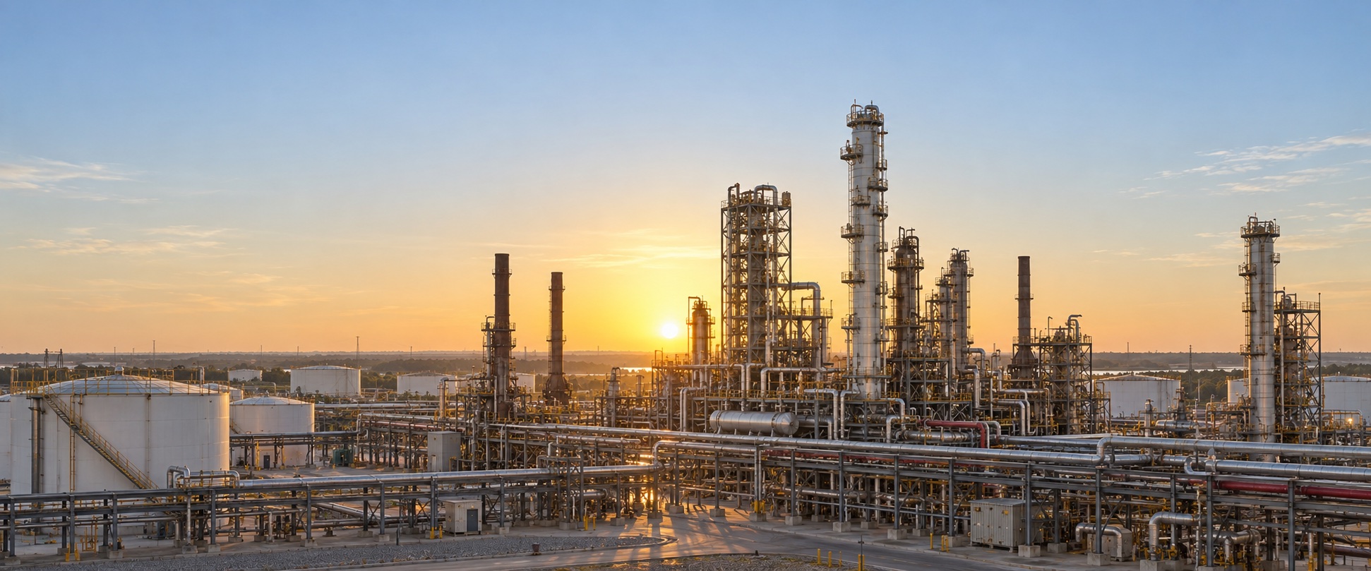 Chemical processing plant at sunrise